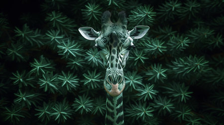Giraffe on a background of green leaves. 3d renderingの素材