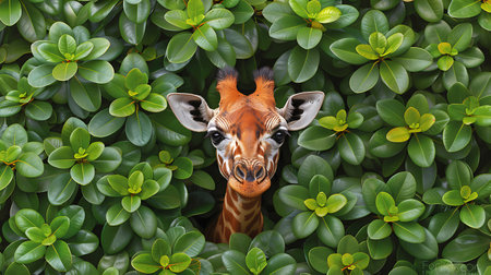 Giraffe in the green leaves. 3D illustration. High resolution.の素材