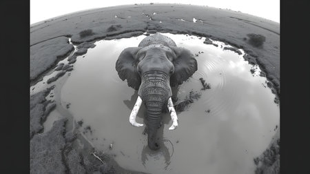 Elephant in the pond. Black and white photos. 3d renderingの素材