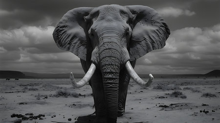 Elephant in the savannah of Africa. Black and white image.の素材