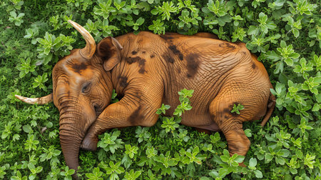 Elephant sleeping on the grass with mint leaves in the background.の素材
