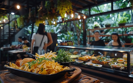 Selective focus of fried fish with salad and french fries on wooden table in restaurantの素材