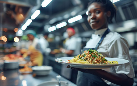 Handsome African-American chef serving a dish in a commercial kitchenの素材