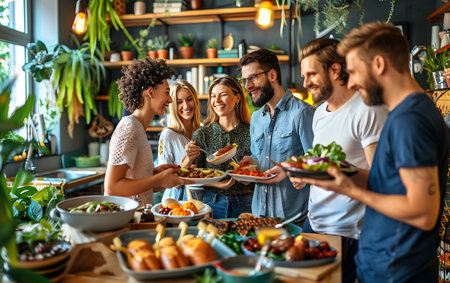 Group of young people having lunch together in a cafe or restaurant.の素材