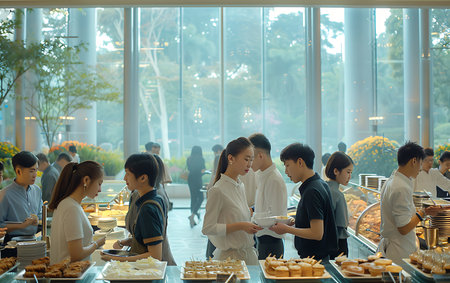 Buffet catering in hotel or restaurant. Asian people eating and drinking.の素材