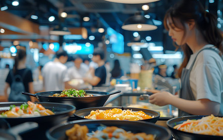 Woman serving hot pot in restaurant, Asian people eating fast food.の素材