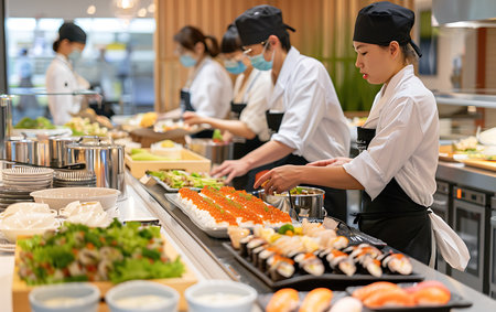 Japanese chef sushi in a restaurant kitchen during coronavirus outbreakの素材