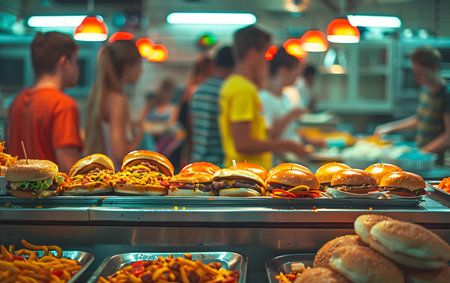Burgers and fries on the counter of a fast food restaurantの素材
