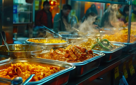 Traditional thai street food at night market in Bangkok, Thailand.の素材