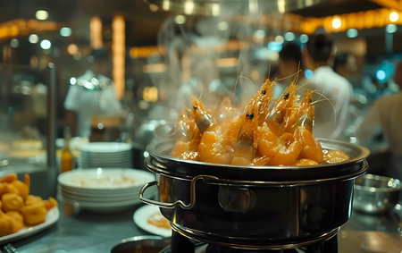 Shrimp in a pot on the table in a restaurant at nightの素材