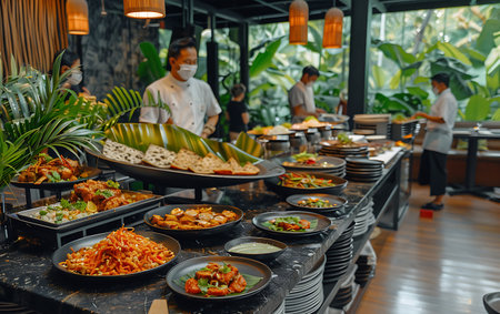 catering buffet food indoor in luxury restaurant with meat and vegetablesの素材
