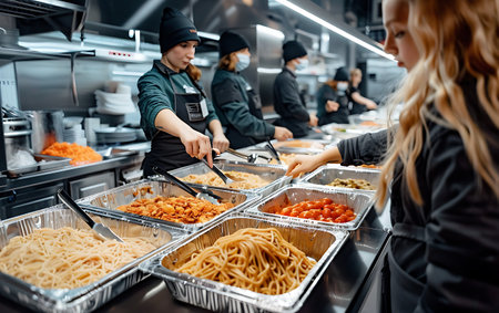 Female staff in the kitchen of a restaurant serving a variety of dishesの素材