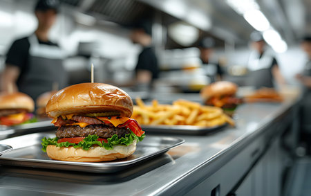 Hamburger and French fries on the counter of a fast food restaurantの素材