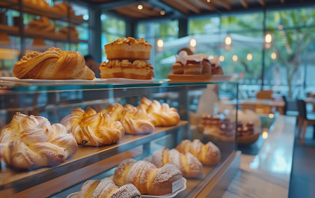 Variety of pastries on shelf in bakery shop, closeupの素材