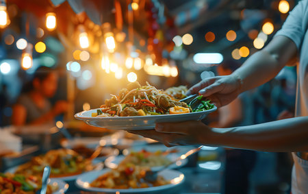 Woman hand holding a plate of Thai spicy stir fry noodle on the table.の素材