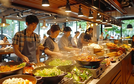 Asian male and female staff preparing food in a kitchen at a restaurantの素材