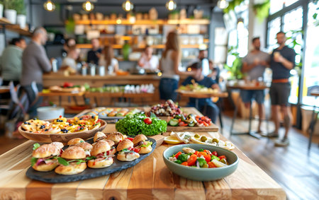 catering buffet with variety of food on table in modern restaurantの素材