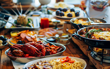 catering buffet food indoor in luxury restaurant with meat and vegetablesの素材