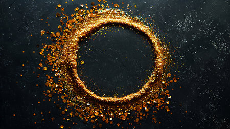 Round frame made of golden sparkles on dark background, top viewの素材
