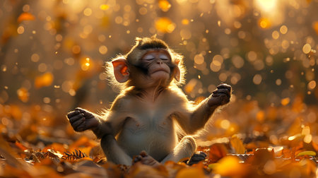 Monkey sitting on the ground in the golden autumn forest with yellow leavesの素材