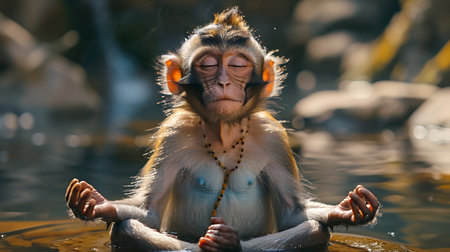Monkey sitting in the water on a hot summer day, Thailand.の素材