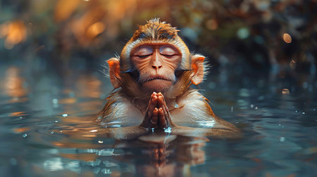 Monkey bathing in the hot spring in Borneo, Malaysiaの素材