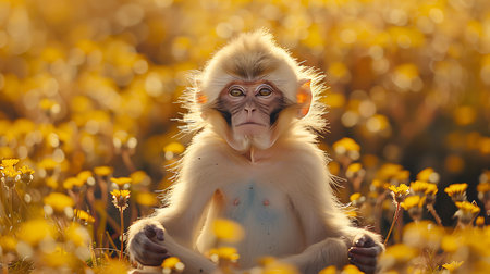 Monkey sitting on the meadow with yellow flowers at sunset.の素材