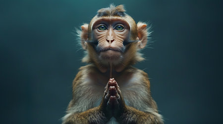 Portrait of a monkey sitting on a palm of his hand.の素材