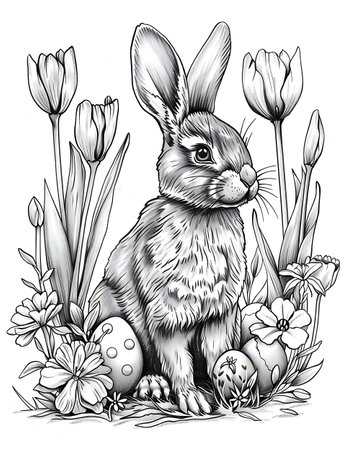 Easter bunny with eggs and tulip flowers, sketch for your designの素材