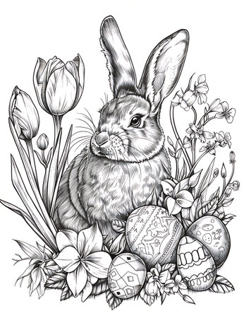 Easter bunny with eggs, flowers and tulips. Hand drawn vector illustration.の素材