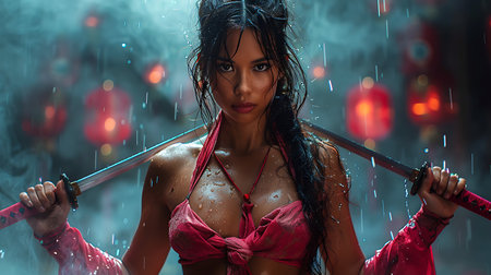 Beautiful brunette woman in the rain with a samurai sword.の素材