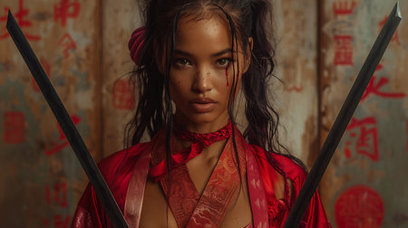 Portrait of a beautiful Asian woman in a red kimono holding two swordsの素材