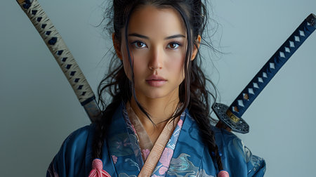 young asian woman in kimono with katana on gray backgroundの素材