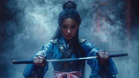 Beautiful asian woman with katana sword in the smoke.の素材