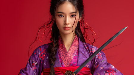 Beautiful asian woman in kimono with katana swordの素材