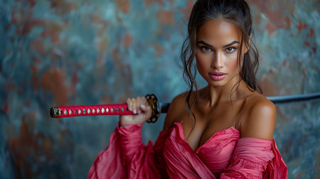 Portrait of a beautiful brunette woman with a samurai sword.の素材