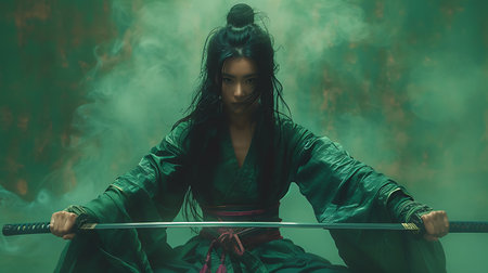 Woman samurai in a katana with smoke on a dark green backgroundの素材