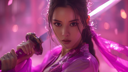 Portrait of a beautiful asian woman with a sword in her handの素材