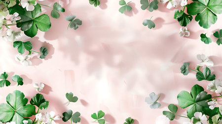 Creative layout made of green leaves and flowers on pink background. Flat lay, top view, copy spaceの素材