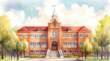 Illustration of a school building on a background of trees and skyの素材
