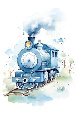 Watercolor illustration of a blue steam locomotive on a white backgroundの素材