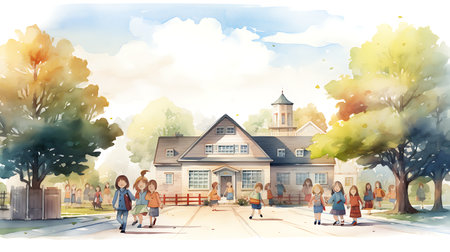 Children in front of school building. Education concept. Watercolor illustrationの素材