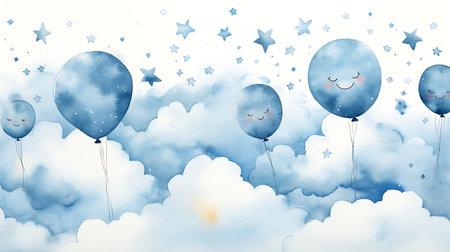 Watercolor illustration of clouds and balloons in blue color with stars.の素材