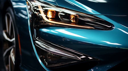 Close-up of the headlight of a blue sports car.の素材
