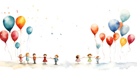 Happy kids playing with colorful balloons on white background, watercolor illustrationの素材