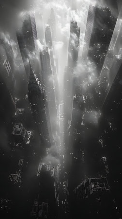 3D futuristic city with skyscrapers and lights in the fogの素材