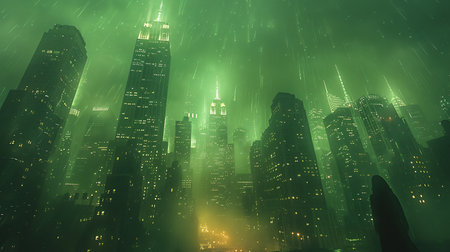 Foggy night in the city. 3D rendering illustration.の素材