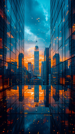 Double exposure of skyscrapers and modern cityscape at sunset.の素材