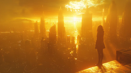 Silhouette of a woman on the background of the city at sunsetの素材