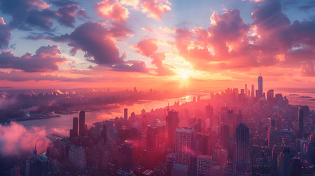 Aerial view of Chicago skyline at sunset, Illinois, USA.の素材